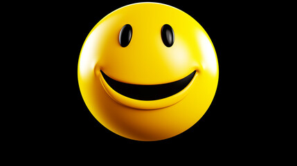 Fototapeta premium yellow round smiley face with black eyes and black mouth on black background, AI generated