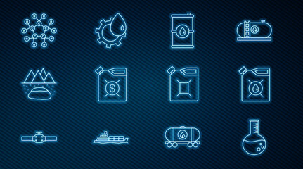 Set line Oil petrol test tube, Canister for motor machine oil, Barrel, Oilfield, Molecule, gasoline and industrial factory building icon. Vector