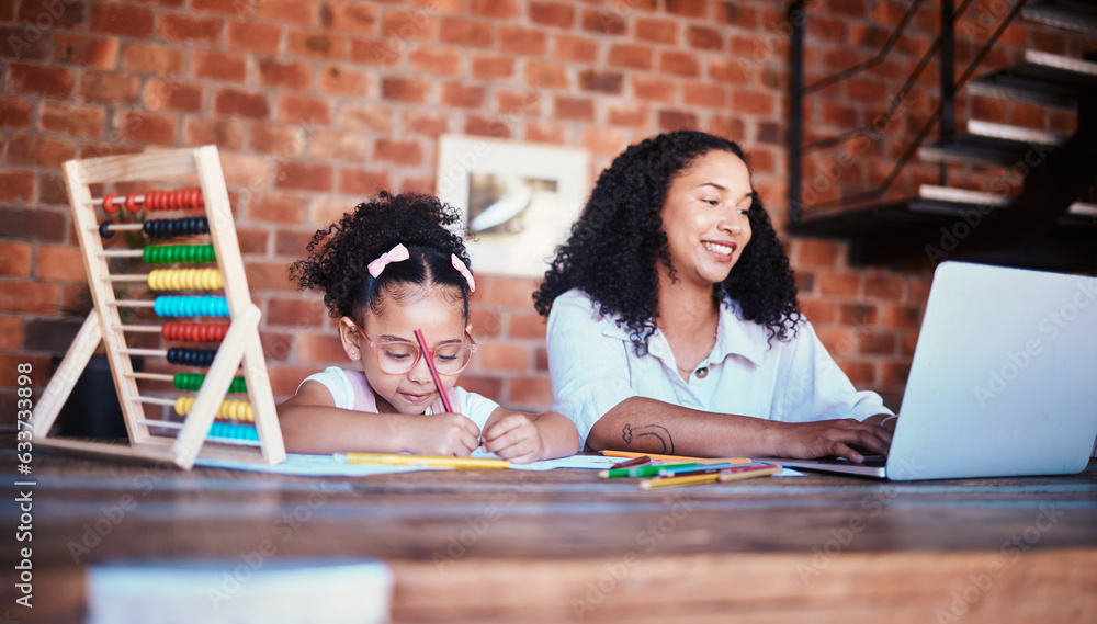 Poster remote work, home and a mother and child with homework or a laptop for typing an email. happy, table