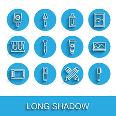 Set line Graphic tablet, Marker pen, Spray can nozzle cap, Crossed pencil with eraser, Pen, Paint brush, Laptop and Tube paint palette icon. Vector