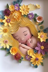 Baby in mothers arms smiling. Happy mothers day. Paper quilling style. Ai generated