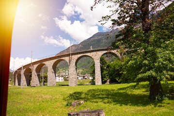 Brusio viaduct in Switzerland, famous landmark and a railway