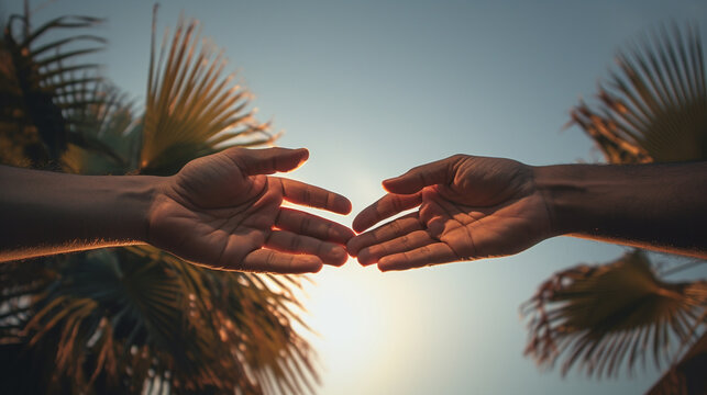 two open palms touching with fingers against the background of the sky and palm trees, generated by AI