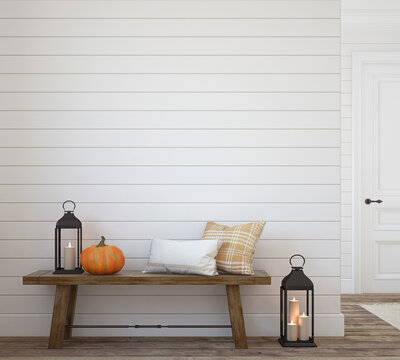 Entryway with autumn decor. 3d render.