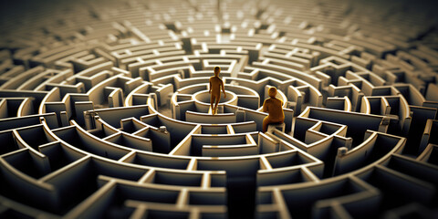 Man walking in a complex maze Surreal concept Man walking into big labyrinth finding solution conceptgenerative ai A man walks into a large labyrinth searching for a solution to a difficult problem AI