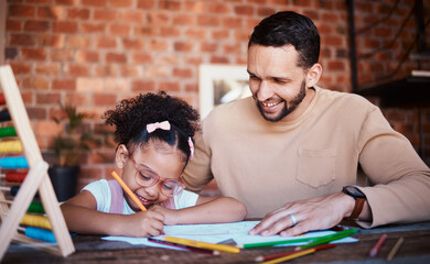 Happy, father and girl with homework, help and conversation with education, advice and learning....