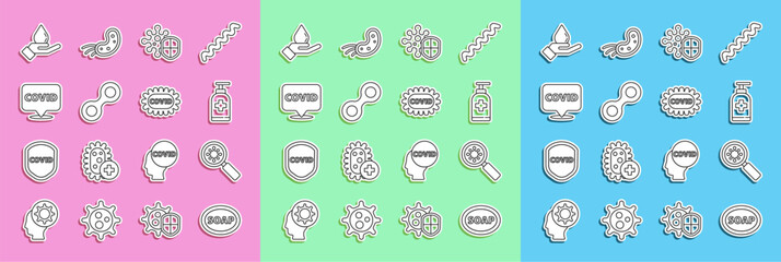 Set line Bar of soap, Virus under magnifying glass, Bottle liquid antibacterial, Shield protecting from virus, Corona covid-19 on location, Washing hands with and icon. Vector