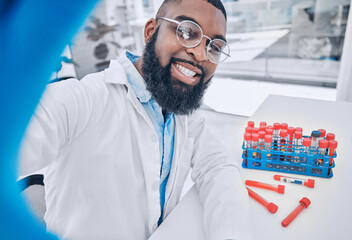 Scientist, selfie and man with blood research and happy from medical and healthcare work. African...