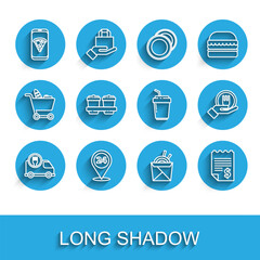 Set line Fast delivery by car, Round the clock, Food ordering pizza, Asian noodles and chopsticks, Paper financial check, Coffee cup to go, Online and icon. Vector