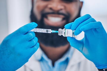 Happy man, doctor and hands with syringe for vaccine, injection or flu shot in healthcare at...