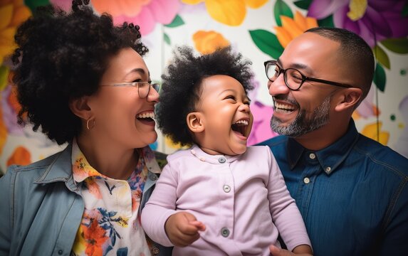 Happy national family, smiling and laughing, wearing bright clothes. created by generative AI technology. - Powered by Adobe