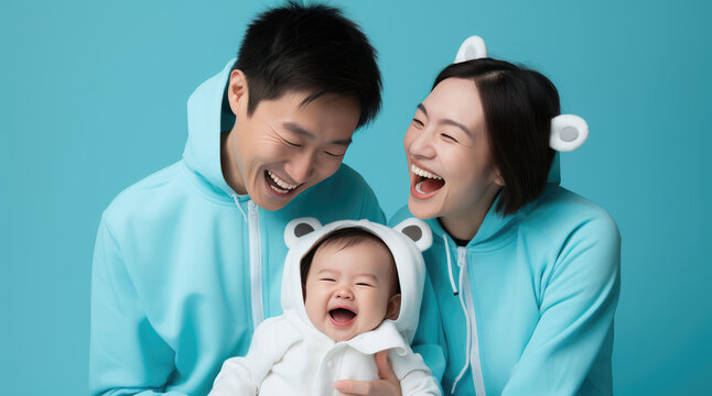 Happy family, smiling and laughing, wearing bright clothes. The background is blue. studio photo. created by generative AI technology.
