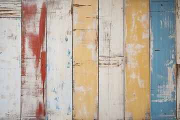  Vintage wood boards with cracked paint of white, red, yellow and blue color. Vertical or Horizon retro background with wooden planks of different colors