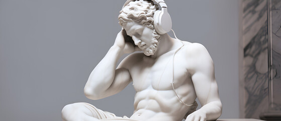 Greek statue wearing headphones, Generative ai
