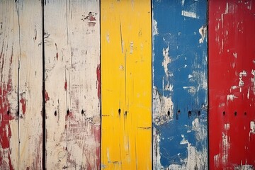  Vintage wood boards with cracked paint of white, red, yellow and blue color. Vertical or Horizon retro background with wooden planks of different colors