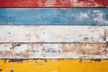  Vintage wood boards with cracked paint of white, red, yellow and blue color. Vertical or Horizon retro background with wooden planks of different colors