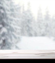 Empty wooden table on the background blurred winter snow background.The background can be used for mounting or displaying your products.Generative AI