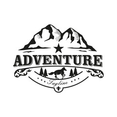 Mountain star emblem template with equestrian silhouette. Wild west vintage rodeo badge. Vector illustration.