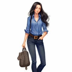 Fashionable brunette woman in blue shirt and jeans with bag - obrazy, fototapety, plakaty