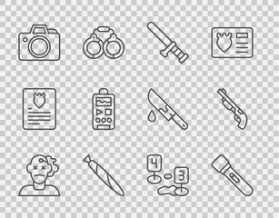Set line Murder, Flashlight, Police rubber baton, Marijuana joint, Photo camera, Dictaphone, Marker of crime scene and shotgun icon. Vector