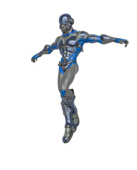 futuristic astronaut is floating and landing in white background