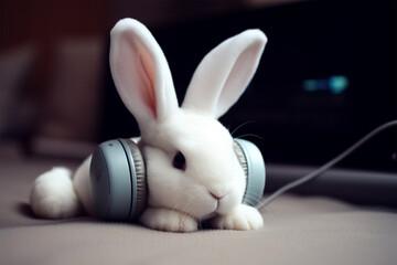 a rabbit wearing earphones