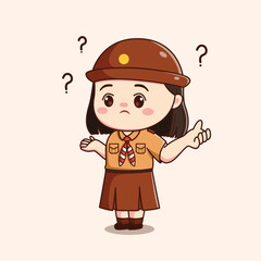 indonesian scout girl feeling confused cute kawaii chibi character illustration - obrazy, fototapety, plakaty