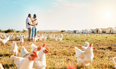 Black people, clipboard and farm with chicken pointing to barn in agriculture together for live...
