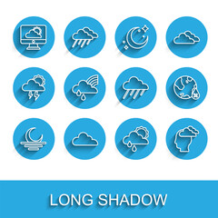Set line Sunset, Cloud, Weather forecast, with rain and sun, Man having headache, Rainbow cloud, Water drop percentage and icon. Vector