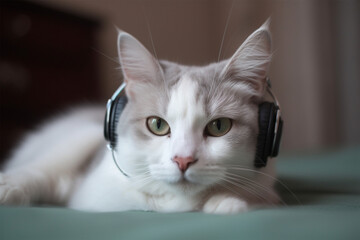 a cat wearing earphones