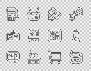 Set line Clock 24 hours, Canned fish, POS terminal, Electronic scales for product, with credit card, Meat packaging steak, Shopping cart and Sauce bottle icon. Vector