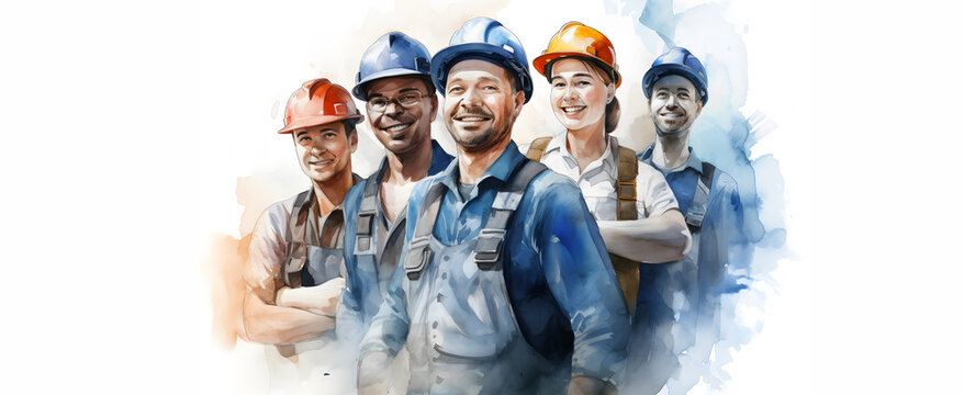 Group of a construction workers, Engineer team, Industry factory worker, Labor in watercolor style, generative AI