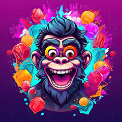 illustration of funny monkey with colorful cubes on purple background. Cartoon style.