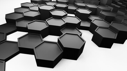 Hexagonal background with black hexagons, abstract futuristic geometric backdrop or wallpaper