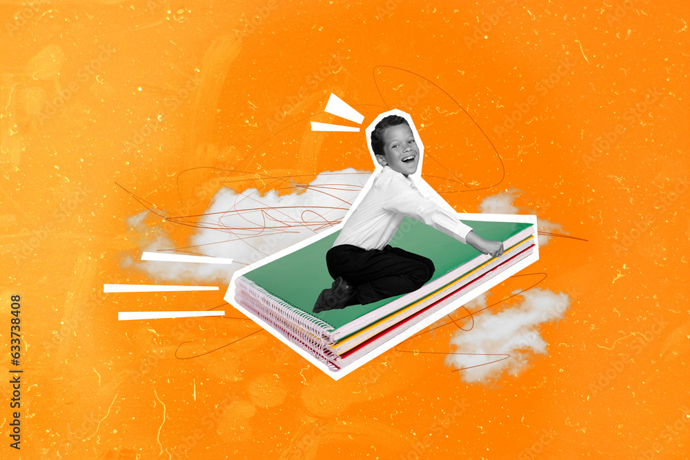 Sticker Funky small schoolboy wearing formal uniform learning have fun rest between lessons flying paper notebooks isolated on orange background