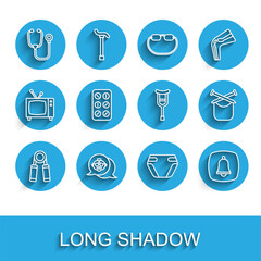 Set line Sport expander, Grandmother, Stethoscope, Adult diaper, Emergency phone call, Pills in blister pack, Knitting and Crutch crutches icon. Vector
