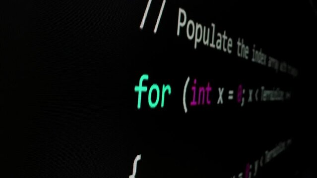 Closeup macro shot movement of coding script moving across LED screen with real-time AI-generated typing, showcasing advanced AI learning in optimization, debug and coding for software development.