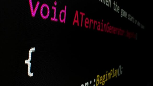 Closeup macro shot movement of coding script moving across LED screen with real-time AI-generated typing, showcasing advanced AI learning in optimization, debug and coding for software development.