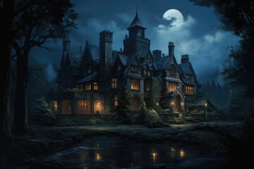 Fototapeta na wymiar Halloween background with haunted house in the forest and full moon.