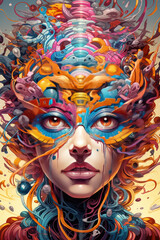 Beautiful woman face with abstract colorful hair and make up. 3D rendering