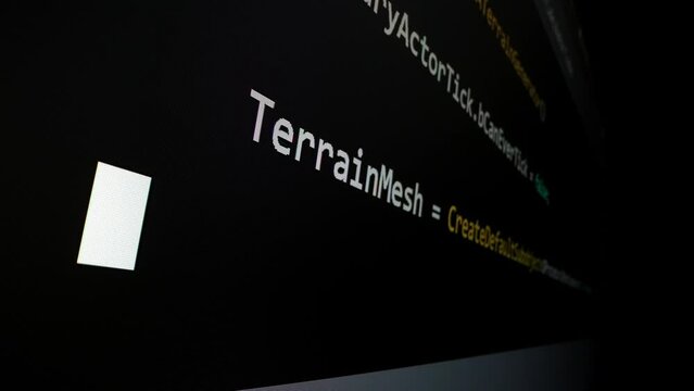 Closeup macro shot movement of coding script moving across LED screen with real-time AI-generated typing, showcasing advanced AI learning in optimization, debug and coding for software development.