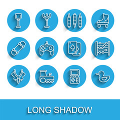 Set line Slingshot, Toy train, Shovel toy, Tetris electronic game, Rubber duck, Gamepad, Abacus and Playing cards icon. Vector