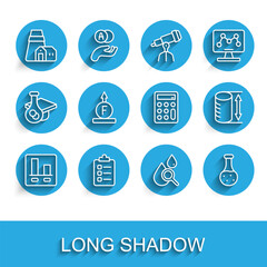 Set line Graph chart infographic, To do list or planning, Power station plant, Drop and magnifying glass, Test tube, Force of physic formula, Height geometrical figure and Calculator icon. Vector