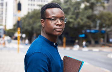 Portrait, serious student and black man in city outdoor to travel to university school. Face,...