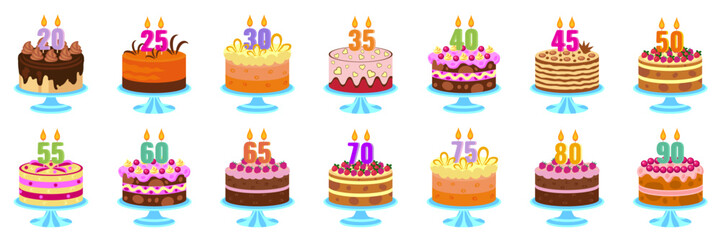 Set of  vector cakes with burning candles of different design for birthday, wedding, holiday, anniversary
