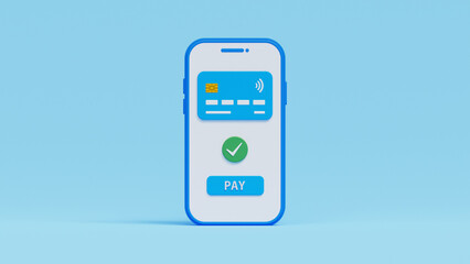 3D Phone with credit card. Online payment concept. Mobile wallet application. Banking app. Transfer money via smartphone. Shopping with wireless pay. 3d illustration