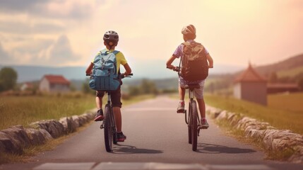 Two boys with backpacks on bicycles going to school. Generative AI