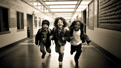 Three happy laughing children in their 10s running on the corridor of a school. The scene takes place in the morning. Back to the school or vacation starting theme. Image made by Generative AI
