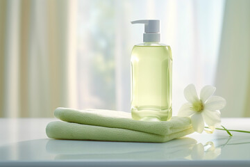 Obraz na płótnie Canvas Photo of liquid soap bottle with towels mockup