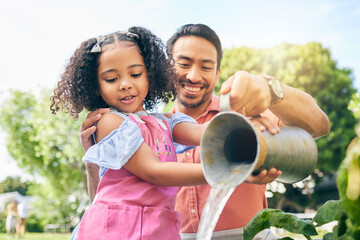 Gardening, dad and girl watering plants, teaching and learning growth in nature together. Backyard,...
